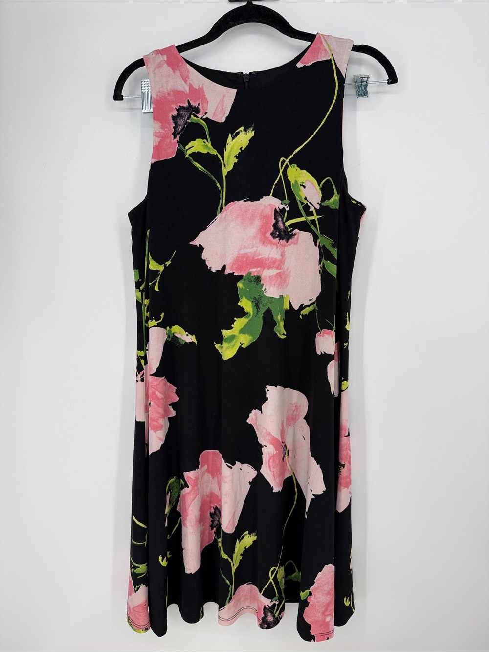 Anne Klein Dress Peony Floral Shift Dress Sleeveless Green Black Pink size 10
